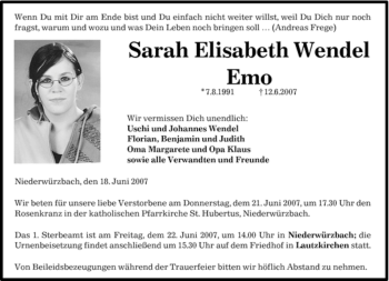 Todesanzeige von Sarah Elisabeth Wendel von SAARBRÜCKER ZEITUNG