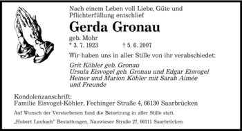 Todesanzeige von Gerda Gronau von SAARBRÜCKER ZEITUNG