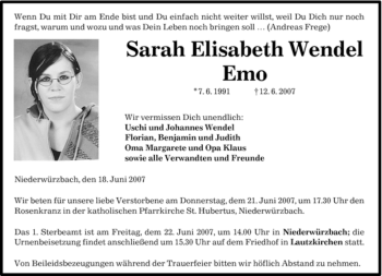 Todesanzeige von Sarah Elisabeth Wendel von SAARBRÜCKER ZEITUNG
