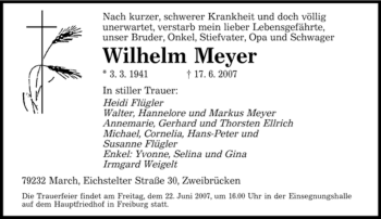 Todesanzeige von Wilhelm Meyer von SAARBRÜCKER ZEITUNG