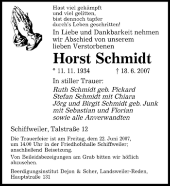 Todesanzeige von Horst Schmidt von SAARBRÜCKER ZEITUNG