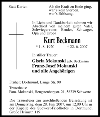 Todesanzeige von Kurt Beckmann 