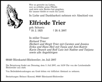 Todesanzeige von Elfriede Trier von SAARBRÜCKER ZEITUNG