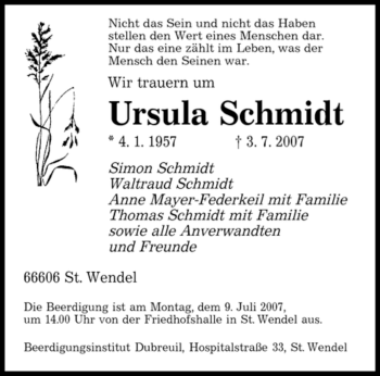 Todesanzeige von Ursula Schmidt von SAARBRÜCKER ZEITUNG