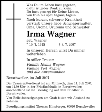 Todesanzeige von Irma Wagner von SAARBRÜCKER ZEITUNG