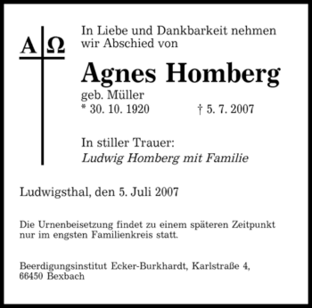 Todesanzeige von Agnes Homberg von SAARBRÜCKER ZEITUNG