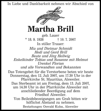 Todesanzeige von Martha Brill von SAARBRÜCKER ZEITUNG