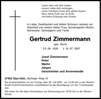 Todesanzeige von Gertrud Zimmermann 