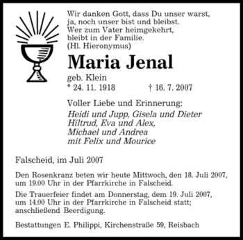 Todesanzeige von Maria Jenal von SAARBRÜCKER ZEITUNG