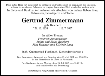 Todesanzeige von Gertrud Zimmermann von SAARBRÜCKER ZEITUNG
