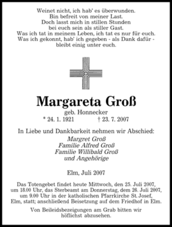 Todesanzeige von Margareta Groß von SAARBRÜCKER ZEITUNG