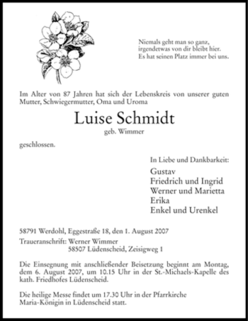 Todesanzeige von Luise Schmidt 