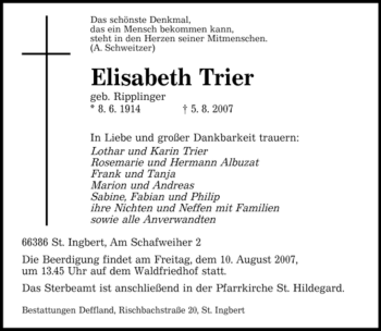 Todesanzeige von Elisabeth Trier von SAARBRÜCKER ZEITUNG