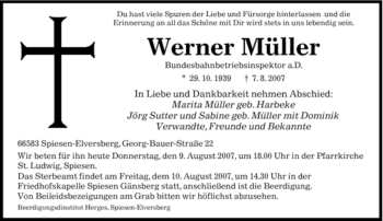 Todesanzeige von Werner Müller von SAARBRÜCKER ZEITUNG