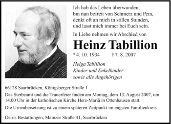 Todesanzeige von Tabillion Heinz von SAARBRÜCKER ZEITUNG