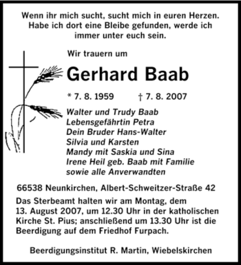 Todesanzeige von Gerhard Baab von SAARBRÜCKER ZEITUNG