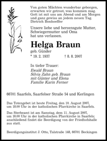 Todesanzeige von Helga Braun von SAARBRÜCKER ZEITUNG