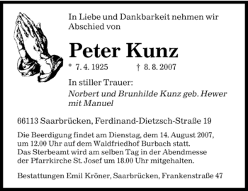 Todesanzeige von Peter Kunz von SAARBRÜCKER ZEITUNG