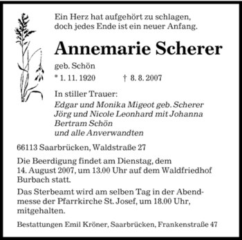 Todesanzeige von Annemarie Scherer von SAARBRÜCKER ZEITUNG