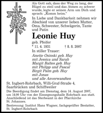 Todesanzeige von Leonie Huy von SAARBRÜCKER ZEITUNG