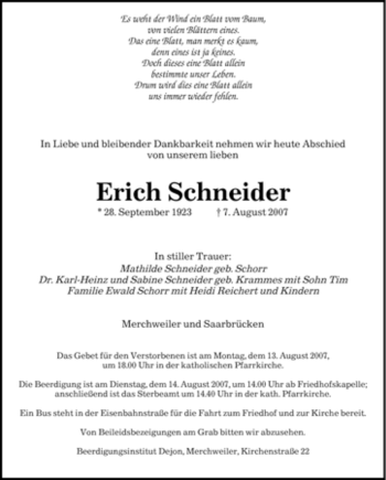Todesanzeige von Erich Schneider von SAARBRÜCKER ZEITUNG