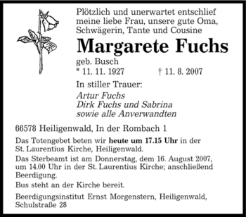 Todesanzeige von Margarete Fuchs von SAARBRÜCKER ZEITUNG