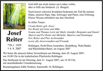 Todesanzeige von Josef Reiter von SAARBRÜCKER ZEITUNG