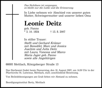 Todesanzeige von Leonie Deitz von SAARBRÜCKER ZEITUNG