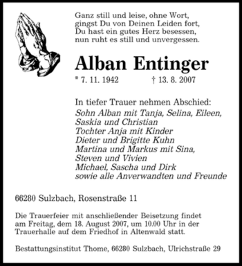 Todesanzeige von Alban Entinger von SAARBRÜCKER ZEITUNG