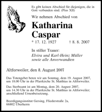 Todesanzeige von Katharina Caspar von SAARBRÜCKER ZEITUNG