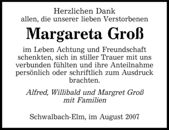 Todesanzeige von Margareta Groß von SAARBRÜCKER ZEITUNG