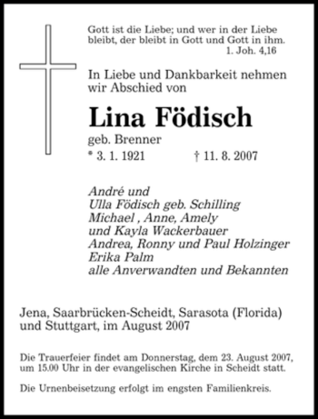 Todesanzeige von Lina Födisch von SAARBRÜCKER ZEITUNG