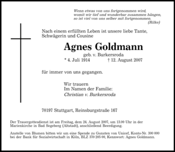 Todesanzeige von Agnes Goldmann von SAARBRÜCKER ZEITUNG