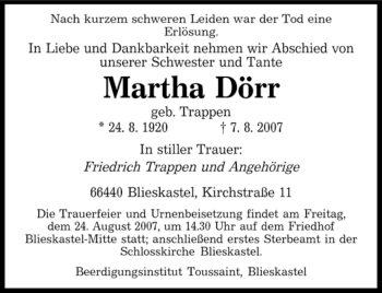 Todesanzeige von Martha Dörr von SAARBRÜCKER ZEITUNG