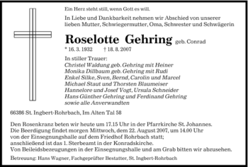 Todesanzeige von Gehring Roselotte von SAARBRÜCKER ZEITUNG