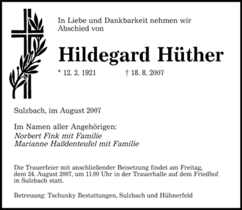 Todesanzeige von Hildegard Hüther von SAARBRÜCKER ZEITUNG