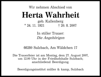 Todesanzeige von Herta Wahrheit von SAARBRÜCKER ZEITUNG