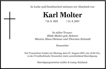 Todesanzeige von Karl Molter von SAARBRÜCKER ZEITUNG