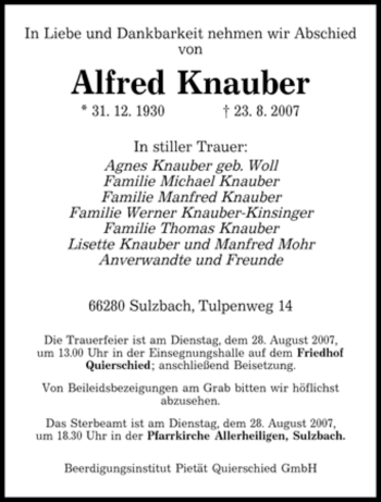 Todesanzeige von Alfred Knauber von SAARBRÜCKER ZEITUNG