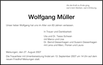 Todesanzeige von Wolfgang Müller 
