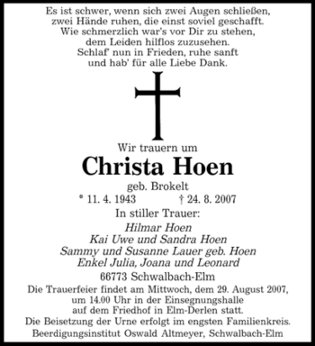 Todesanzeige von Christa Hoen von SAARBRÜCKER ZEITUNG