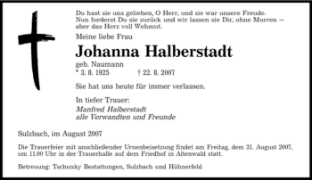 Todesanzeige von Johanna Halberstadt von SAARBRÜCKER ZEITUNG