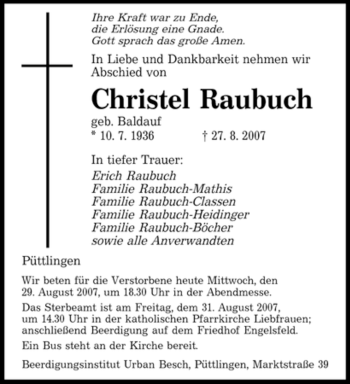 Todesanzeige von Christel Raubuch von SAARBRÜCKER ZEITUNG