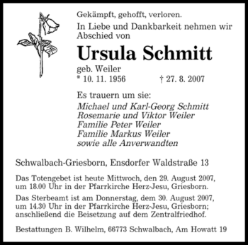 Todesanzeige von Ursula Schmitt von SAARBRÜCKER ZEITUNG