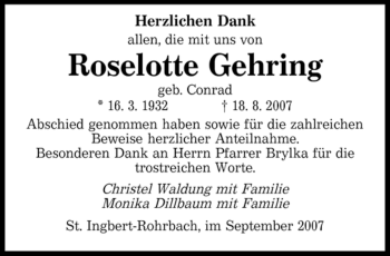 Todesanzeige von Gehring Roselotte von SAARBRÜCKER ZEITUNG