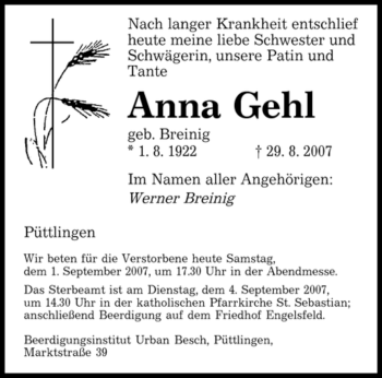 Todesanzeige von Anna Gehl von SAARBRÜCKER ZEITUNG
