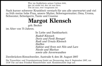 Todesanzeige von Margot Kensch von SAARBRÜCKER ZEITUNG