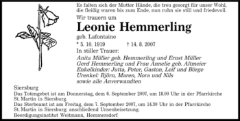 Todesanzeige von Leonie Hemmerling von SAARLAND WEST