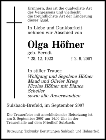 Todesanzeige von Olga Höfner von STADTVERBAND SAARBRÜCKEN