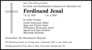 Todesanzeige von Ferdinand Jenal von STADTVERBAND SAARBRÜCKEN